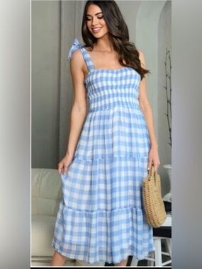 New blue gingham check womens trendy cute midi modest blue white dress